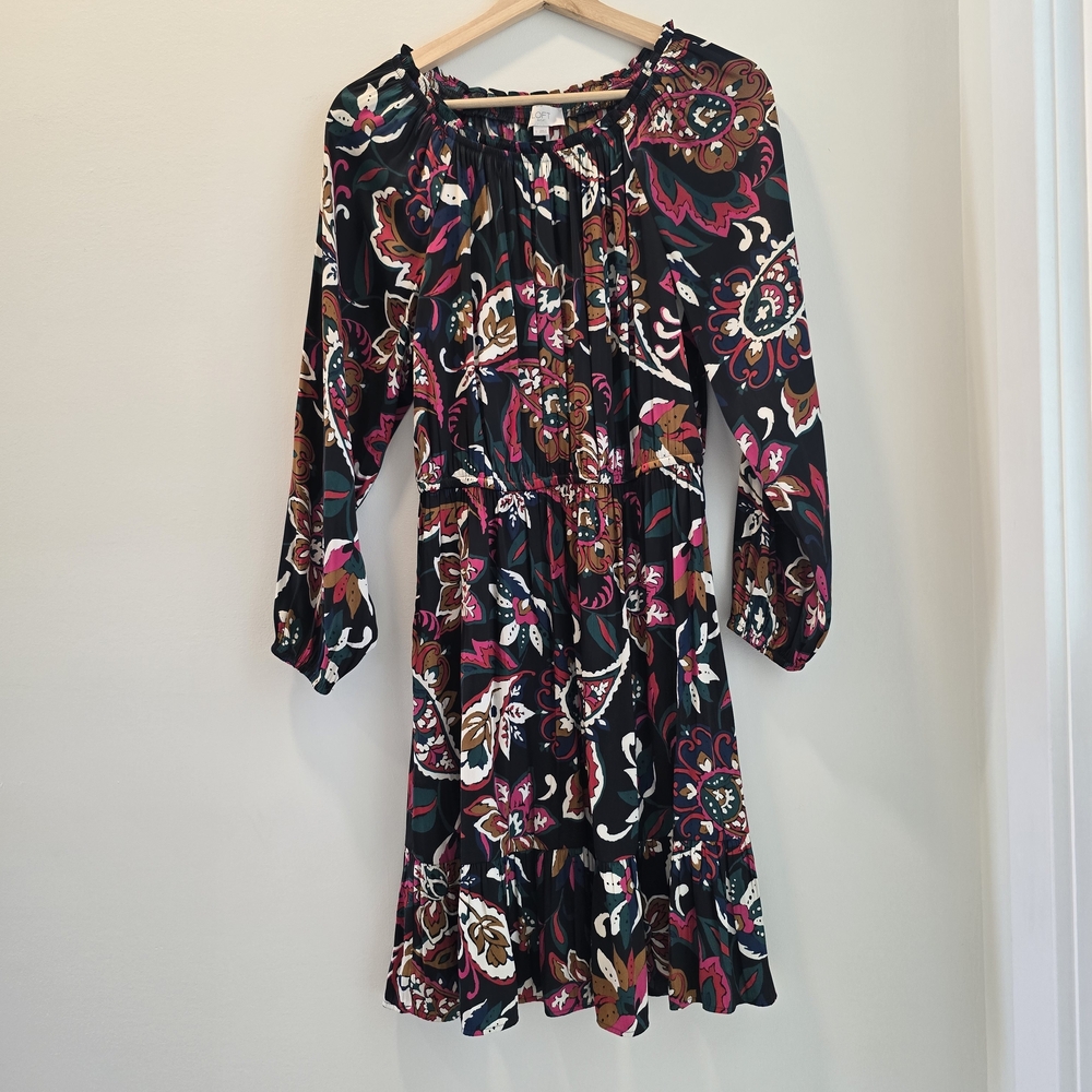 LOFT Black Floral Long-Sleeve Peasant Dress with Pink & Brown Accents